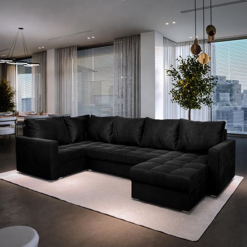 Canapé D'angle Lorivo Noir En Peluche Avec Fonction De Couchage