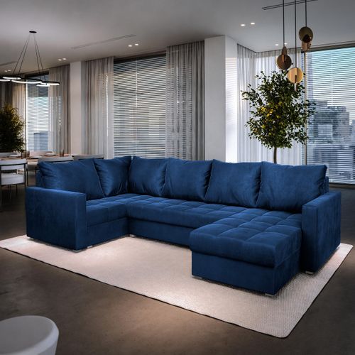 Canapé D'angle Lorivo Bleu En Peluche Avec Fonction De Couchage
