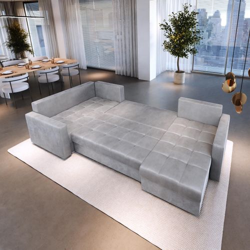 Canapé D'angle Lorivo Bleu En Peluche Avec Fonction De Couchage