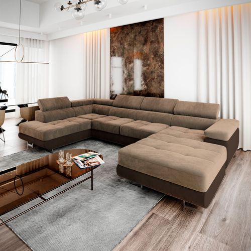 Canapé D'angle Casone Beige En Velours Avec Fonction De Couchage