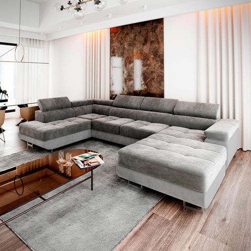 Canapé D'angle Casone Gris En Velours Avec Fonction De Couchage