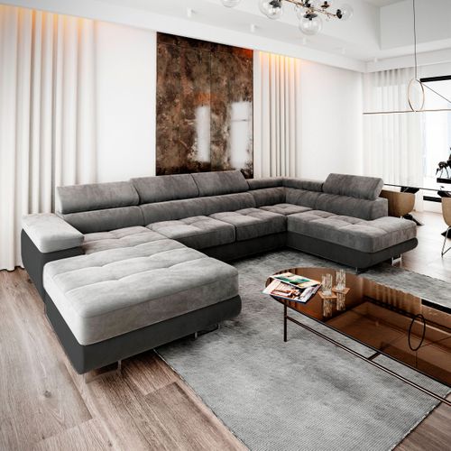 Canapé D'angle Casone Gris Clair En Velours Avec Fonction De Couchage