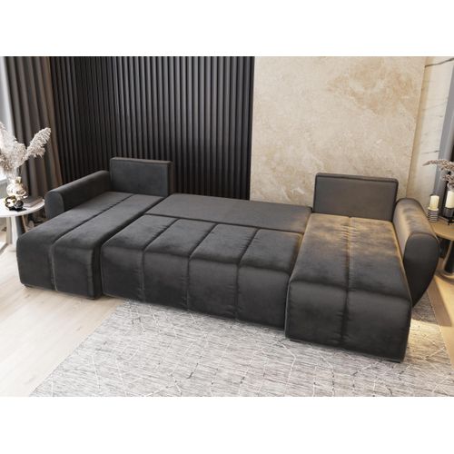 Canapé D'angle Madison Noir En Peluche Avec Fonction De Couchage