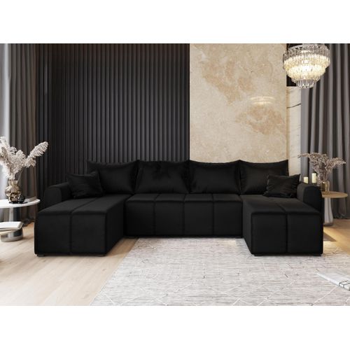 Canapé D'angle Madison Noir En Peluche Avec Fonction De Couchage