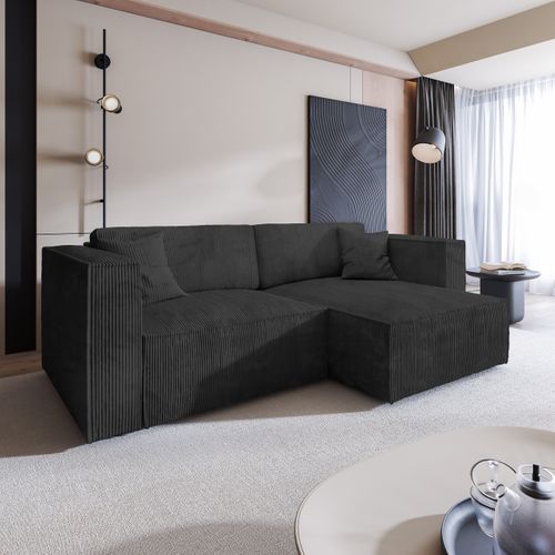 Canapé D'angle Nerio Noir En Velours Côtelé Avec Fonction De Couchage