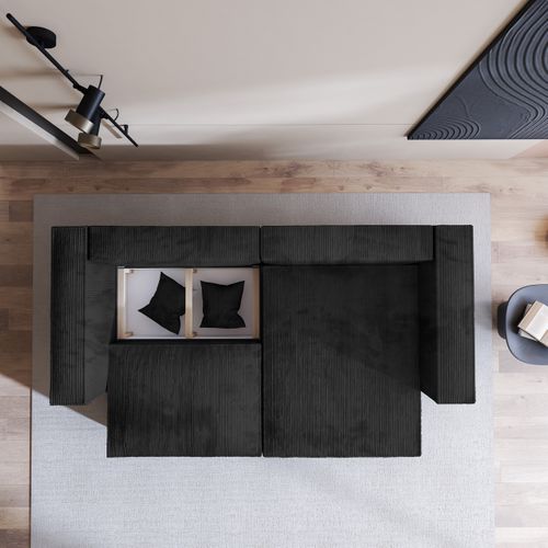 Canapé D'angle Nerio Noir En Velours Côtelé Avec Fonction De Couchage