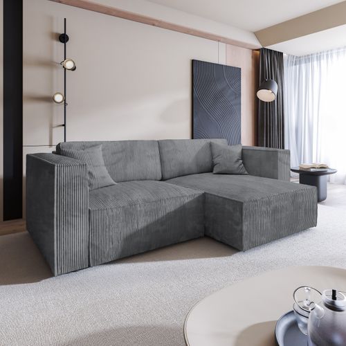 Canapé D'angle Nerio Gris En Velours Côtelé Avec Fonction De Couchage