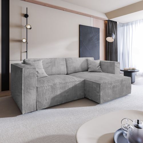 Canapé D'angle Nerio Gris Clair En Velours Côtelé Avec Fonction De Couchage