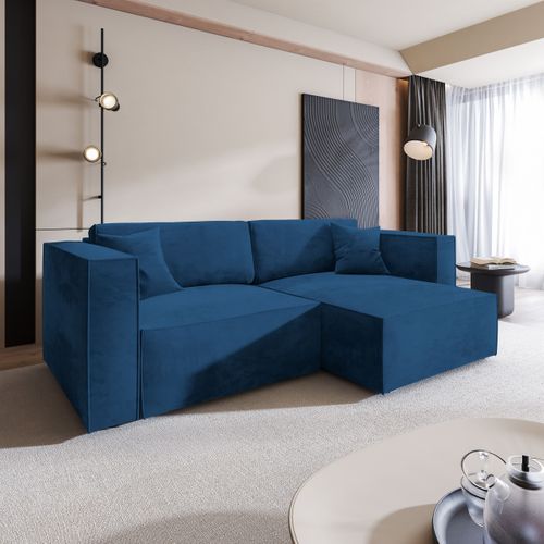 Canapé D'angle Nerio Bleu En Velours Avec Fonction De Couchage