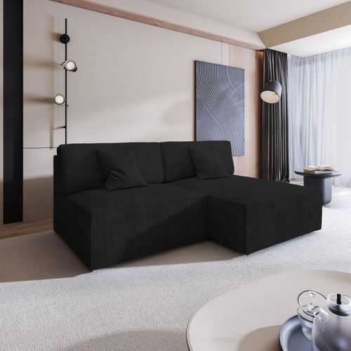 Canapé D'angle Fioro Noir En Velours Côtelé Avec Fonction De Couchage