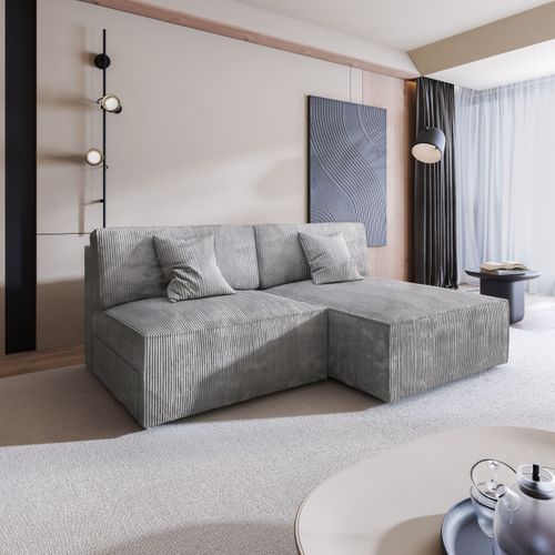 Canapé D'angle Fioro Gris Clair En Velours Côtelé Avec Fonction De Couchage