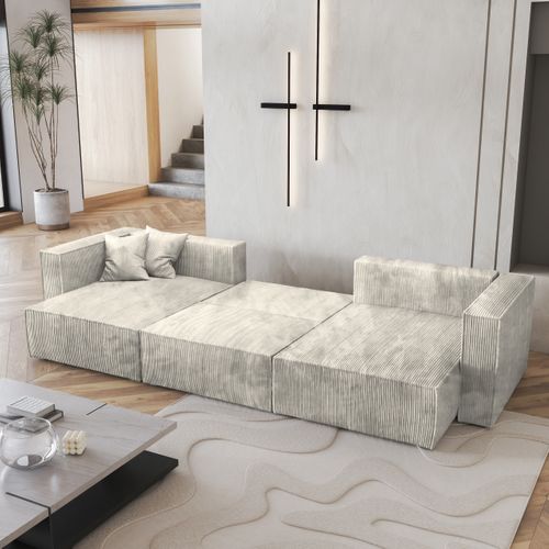 Canapé D'angle Sarmo Crème En Velours Côtelé Avec Fonction De Couchage