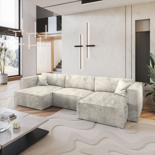 Canapé D'angle Sarmo Crème En Velours Côtelé Avec Fonction De Couchage