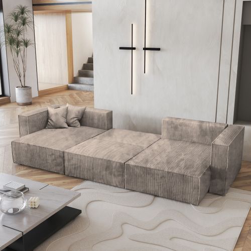 Canapé D'angle Sarmo Beige En Velours Côtelé Avec Fonction De Couchage