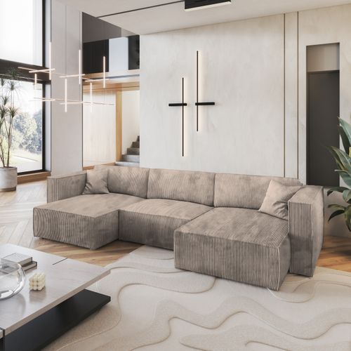 Canapé D'angle Sarmo Beige En Velours Côtelé Avec Fonction De Couchage