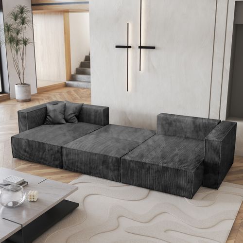 Canapé D'angle Sarmo Gris En Velours Côtelé Avec Fonction De Couchage