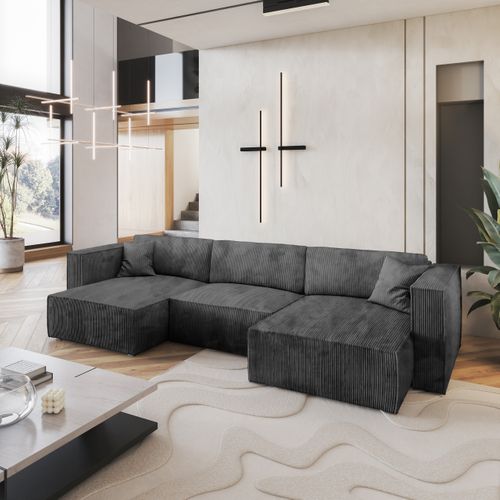 Canapé D'angle Sarmo Gris En Velours Côtelé Avec Fonction De Couchage