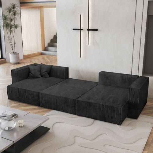 Canapé D'angle Sarmo Noir En Velours Côtelé Avec Fonction De Couchage