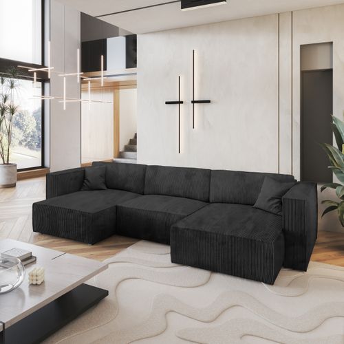 Canapé D'angle Sarmo Noir En Velours Côtelé Avec Fonction De Couchage