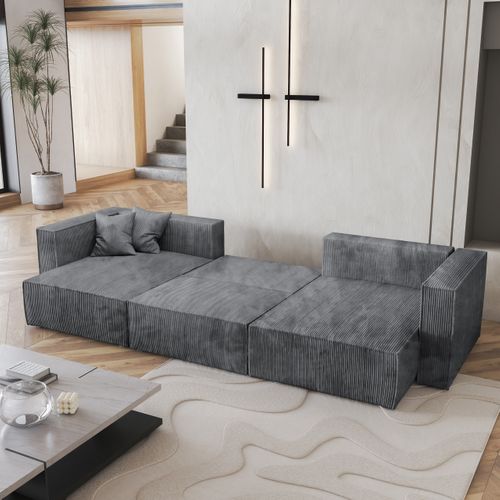 Canapé D'angle Sarmo Gris En Velours Côtelé Avec Fonction De Couchage