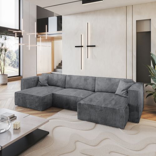 Canapé D'angle Sarmo Gris En Velours Côtelé Avec Fonction De Couchage