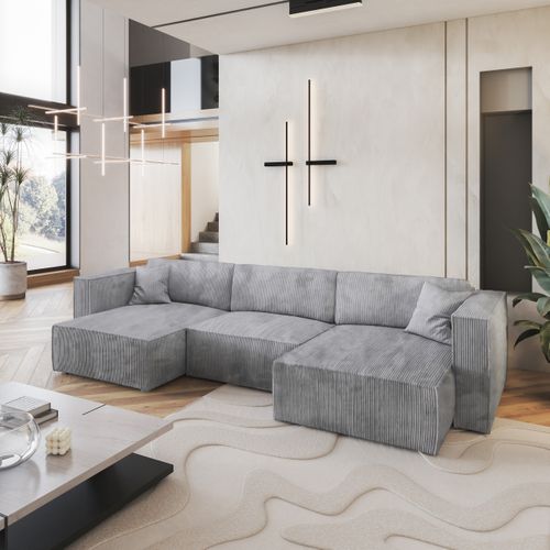 Canapé D'angle Sarmo Gris Clair En Velours Côtelé Avec Fonction De Couchage