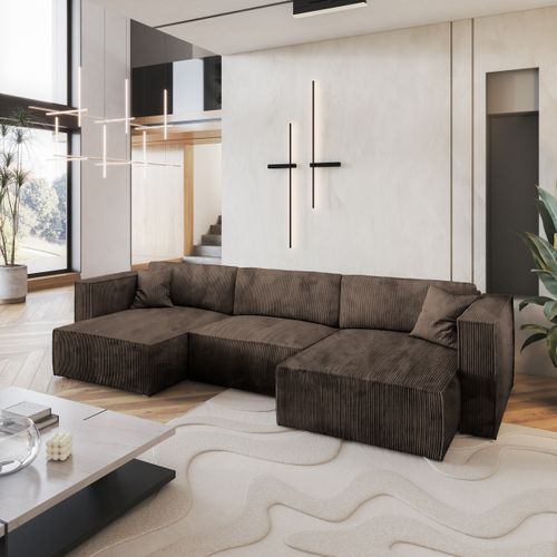 Canapé D'angle Sarmo Marron En Velours Côtelé Avec Fonction De Couchage