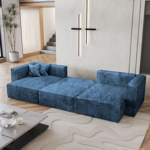 Canapé D'angle Sarmo Bleu En Velours Côtelé Avec Fonction De Couchage