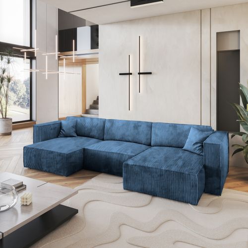 Canapé D'angle Sarmo Bleu En Velours Côtelé Avec Fonction De Couchage