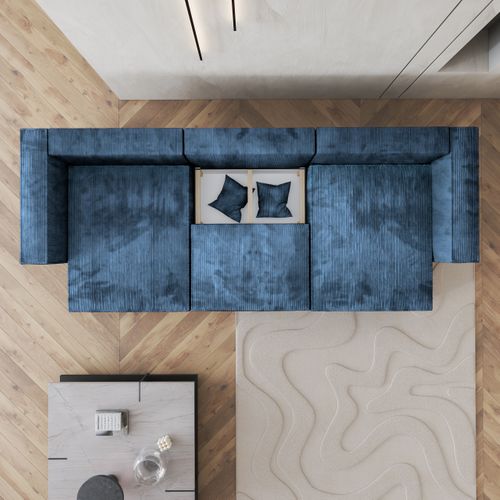 Canapé D'angle Sarmo Bleu En Velours Côtelé Avec Fonction De Couchage