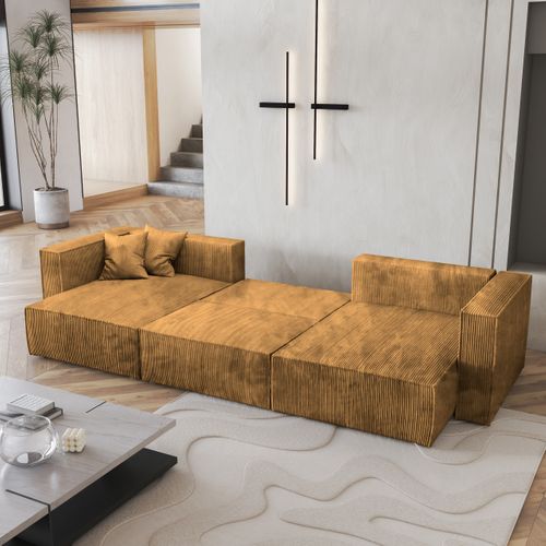 Canapé D'angle Sarmo Jaune En Velours Côtelé Avec Fonction De Couchage