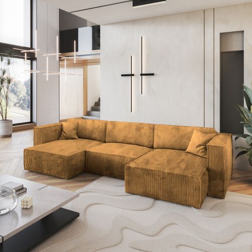 Canapé D'angle Sarmo Jaune En Velours Côtelé Avec Fonction De Couchage