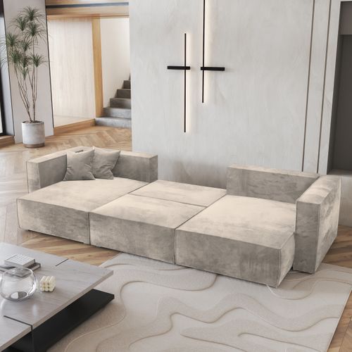 Canapé D'angle Sarmo Crème En Velours Avec Fonction De Couchage