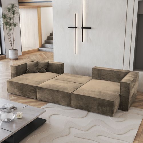Canapé D'angle Sarmo Beige En Velours Avec Fonction De Couchage