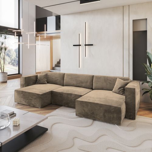 Canapé D'angle Sarmo Beige En Velours Avec Fonction De Couchage