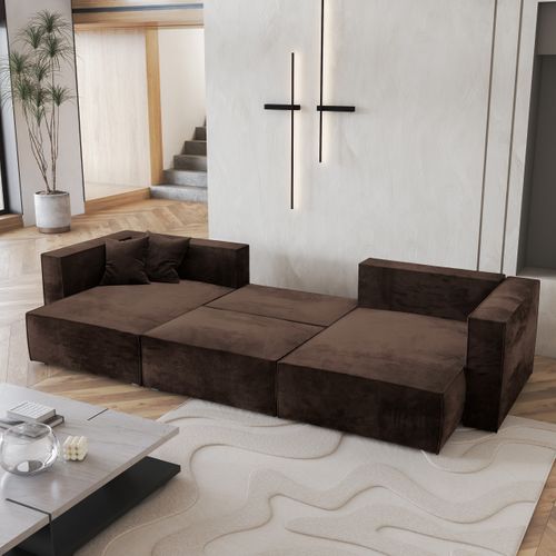 Canapé D'angle Sarmo Marron En Velours Avec Fonction De Couchage