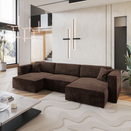 Canapé D'angle Sarmo Marron En Velours Avec Fonction De Couchage