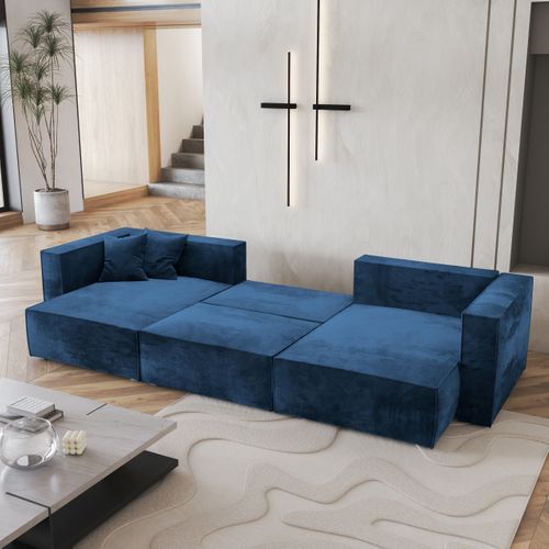 Canapé D'angle Sarmo Bleu En Velours Avec Fonction De Couchage