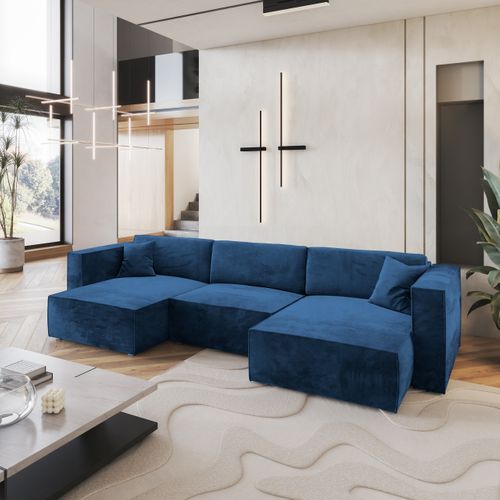 Canapé D'angle Sarmo Bleu En Velours Avec Fonction De Couchage