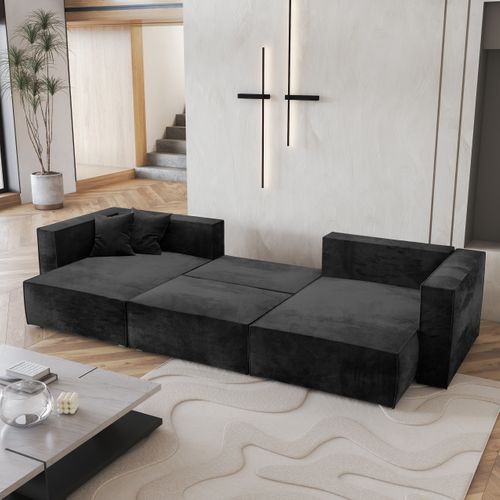 Canapé D'angle Sarmo Noir En Velours Avec Fonction De Couchage