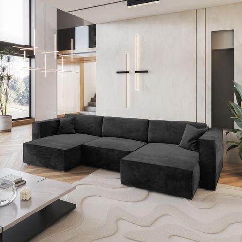 Canapé D'angle Sarmo Noir En Velours Avec Fonction De Couchage