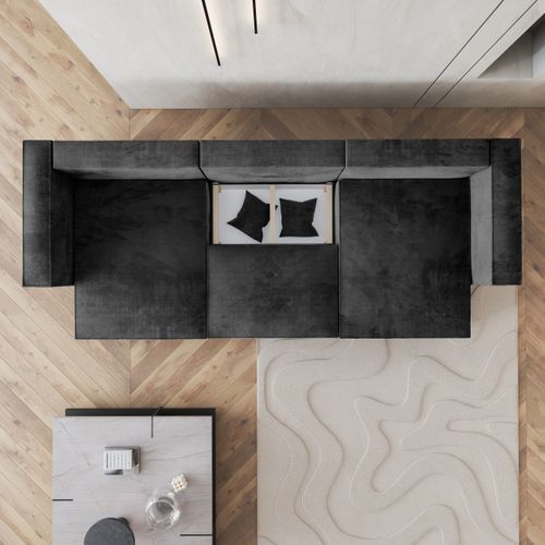 Canapé D'angle Sarmo Noir En Velours Avec Fonction De Couchage