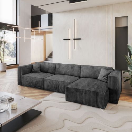 Canapé D'angle Tolmo Gris En Velours Côtelé Avec Fonction De Couchage