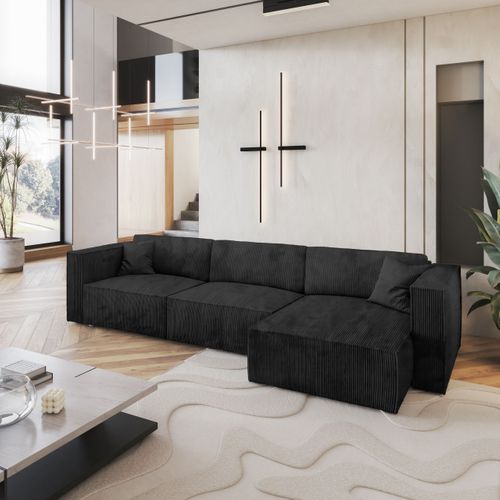 Canapé D'angle Tolmo Noir En Velours Côtelé Avec Fonction De Couchage