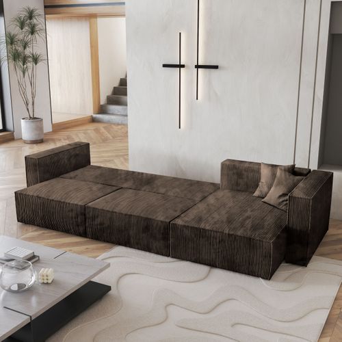 Canapé D'angle Tolmo Marron En Velours Côtelé Avec Fonction De Couchage