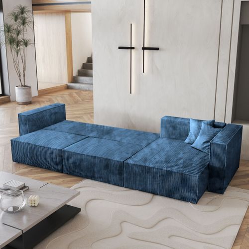 Canapé D'angle Tolmo Bleu En Velours Côtelé Avec Fonction De Couchage