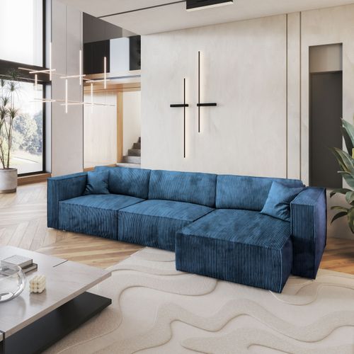 Canapé D'angle Tolmo Bleu En Velours Côtelé Avec Fonction De Couchage