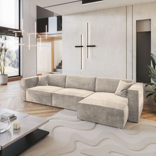 Canapé D'angle Tolmo Crème En Velours Avec Fonction De Couchage