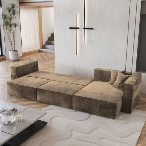Canapé D'angle Tolmo Beige En Velours Avec Fonction De Couchage