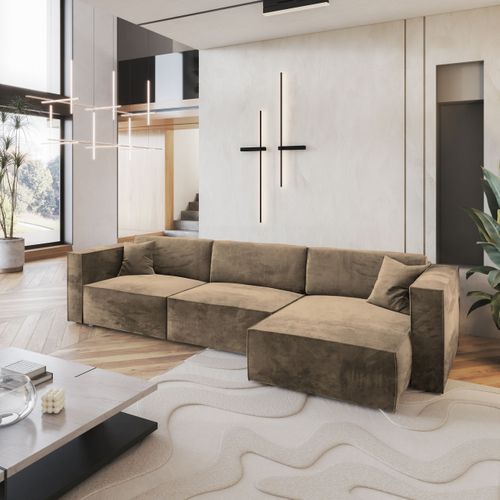 Canapé D'angle Tolmo Beige En Velours Avec Fonction De Couchage